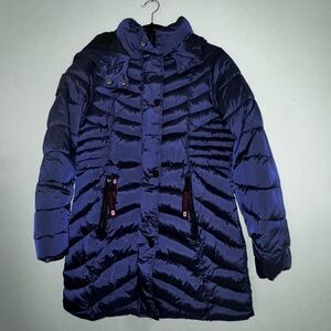 Canada Weathergear Blue Hooded Collared Long Puffer Jacket Full Zip Button S